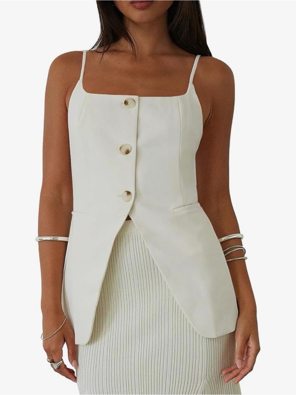 Amazon White Square Neck Spaghetti Strap Button Front Camisole